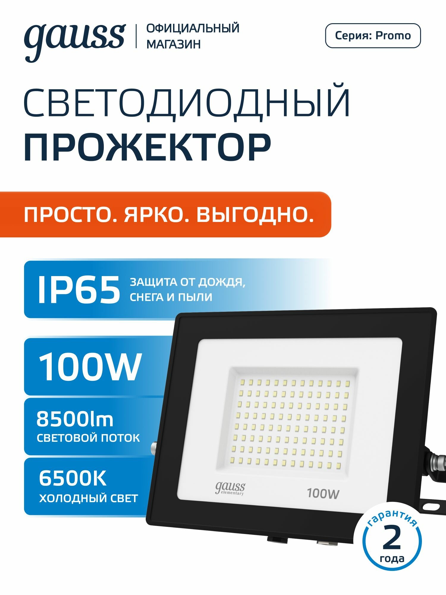 Прожектор светодиодный уличный 100 Вт холодный белый свет 6500К IP65 Gauss Elementary