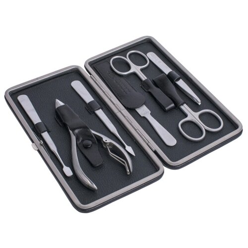 фото Маникюрный набор erbe 9187er (ножницы д/кутикулы + ножницы д/ногтей + кусачки д/ногтей + шабер копье + шабер лопатка +пилка металлическая + пинцет наклонный) черный