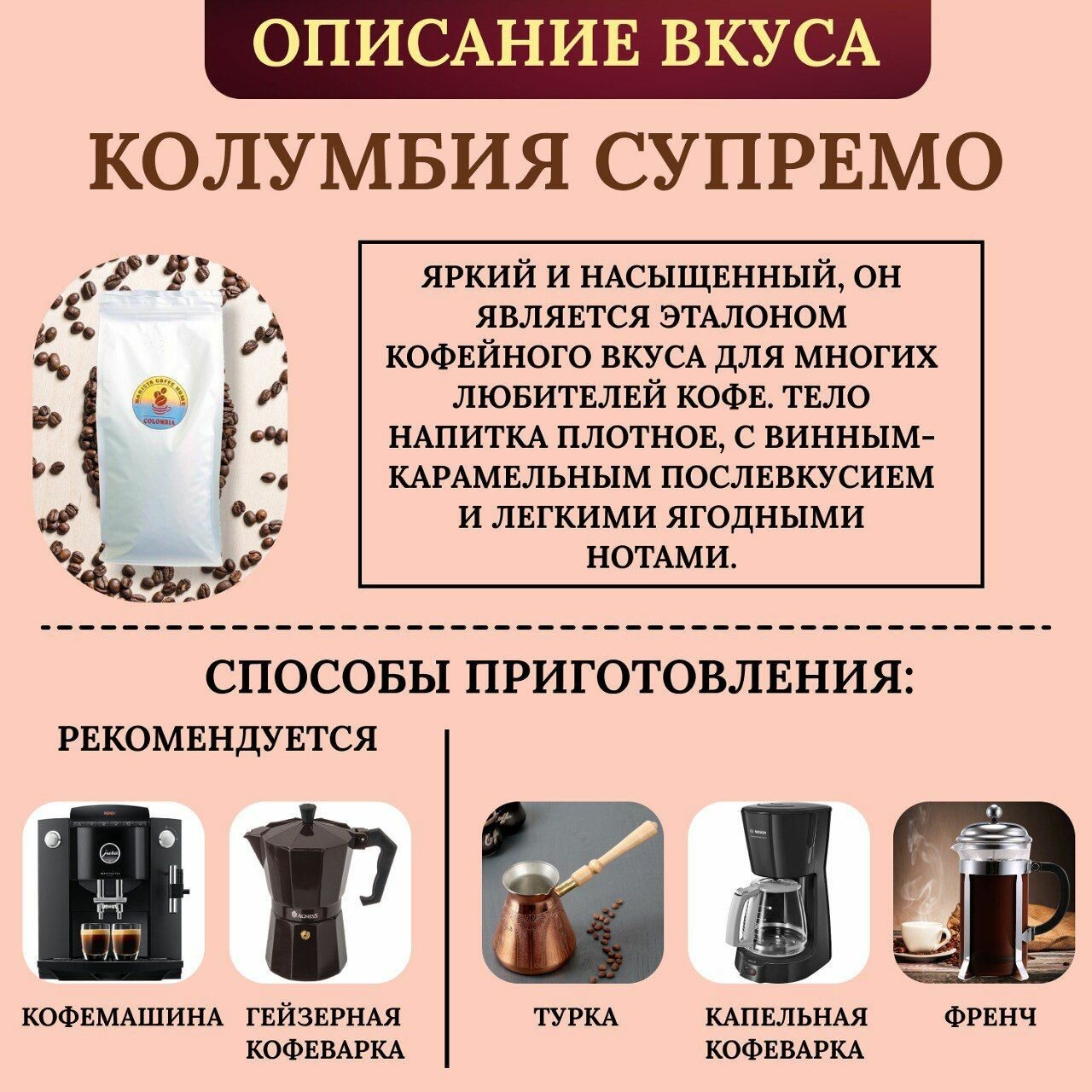 Кофе в зернах 1 кг арабика 100% Колумбия Супремо — фото 1