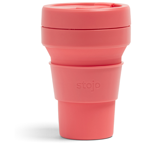 фото Многоразовый складной стакан stojo с крышкой для кофе с собой из пищевого силикона / стакан для кофе / кружка для кофе 355 мл, цвет coral