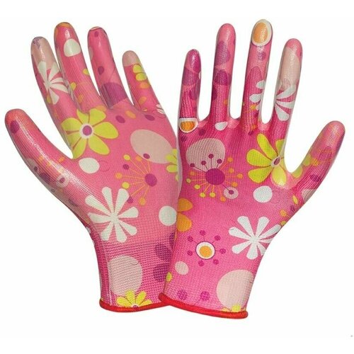Перчатки нейлоновые с полиуретановым покрытием, цветочки, 3 пары.