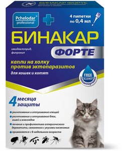 Фото Пчелодар капли от блох и клещей Бинакар Форте для кошек и котят р-р д/нар. прим. для кошек и собак