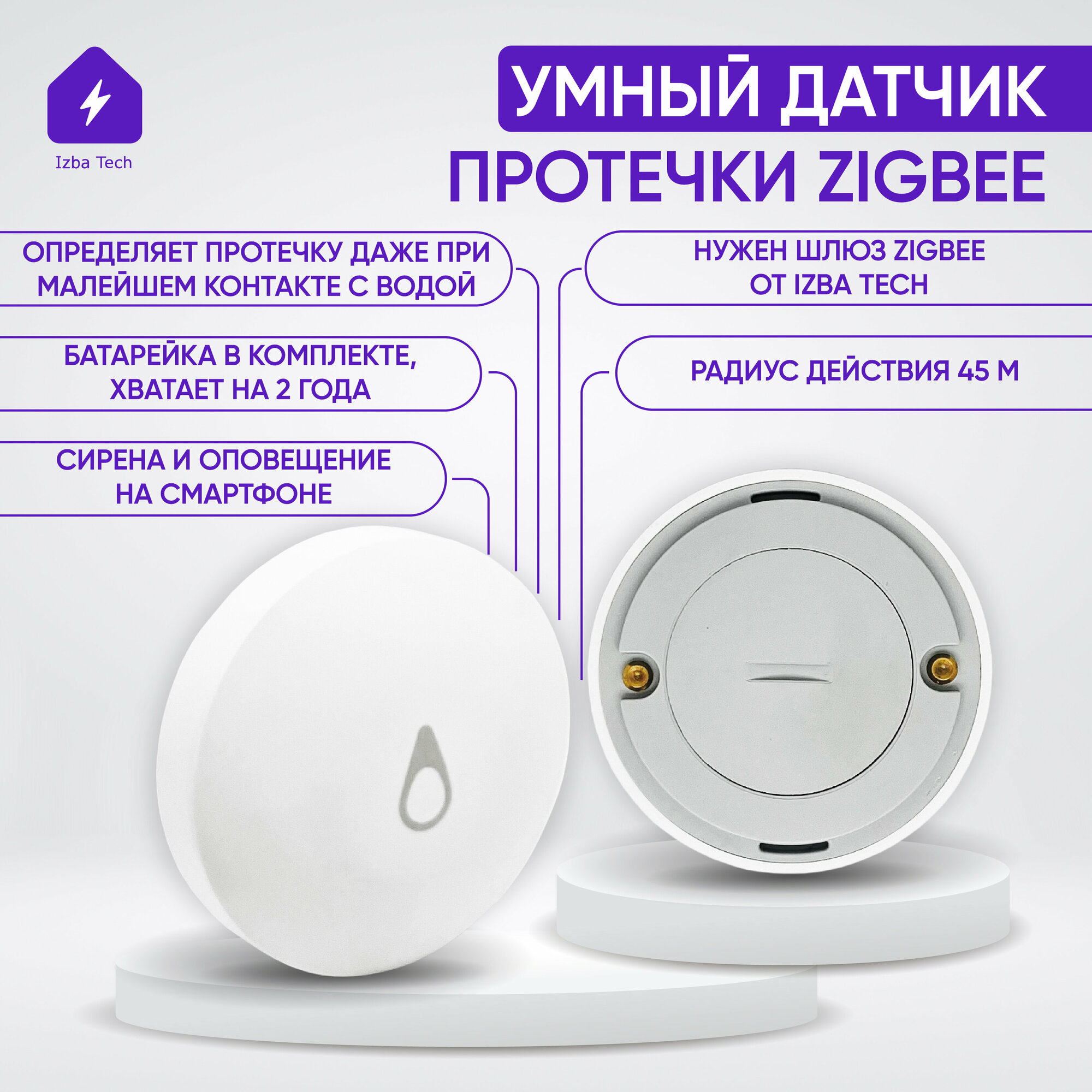 Датчик протечки воды Zigbee беспроводной для умного привода и розетки для Яндекс Алисы в умный дом