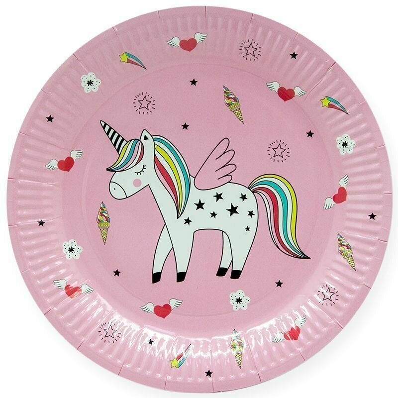 Тарелки одноразовые бумажные/Набор одноразовых бумажных тарелок для праздника (7'/18 см) Радужный единорог, Розовый, 6 шт.