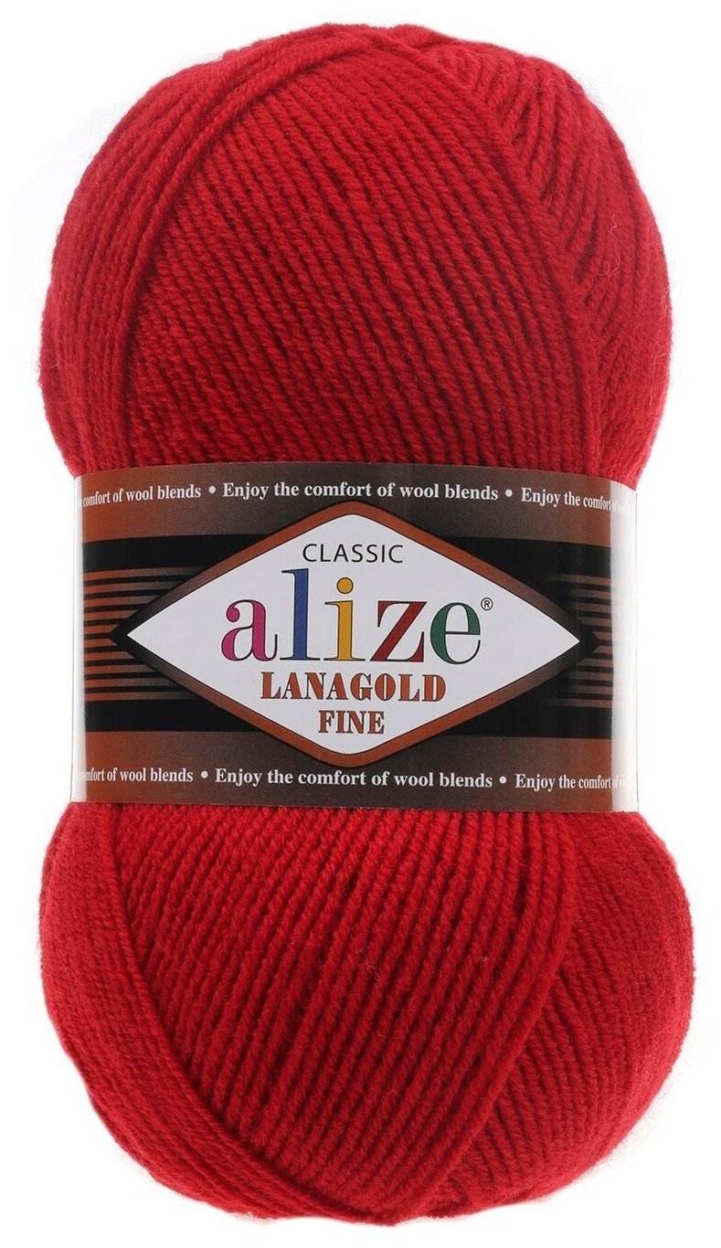 Пряжа Alize Lanagold Fine красный (56), 51%акрил/49%шерсть, 390м, 100г, 2шт