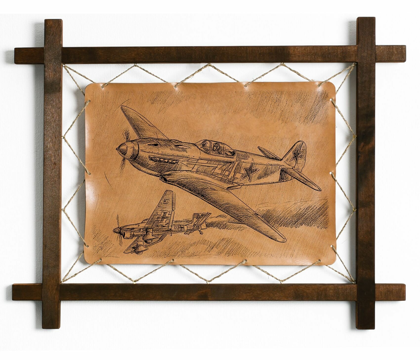 Картина Воздушный бой, интерьерная для украшения и декора на стену в деревянной раме, подарок, натуральная кожа, BoomGift