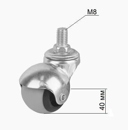 Колесная опора шар (на штыре М8) Ø=40 мм, серая резина (комплект 4 шт)
