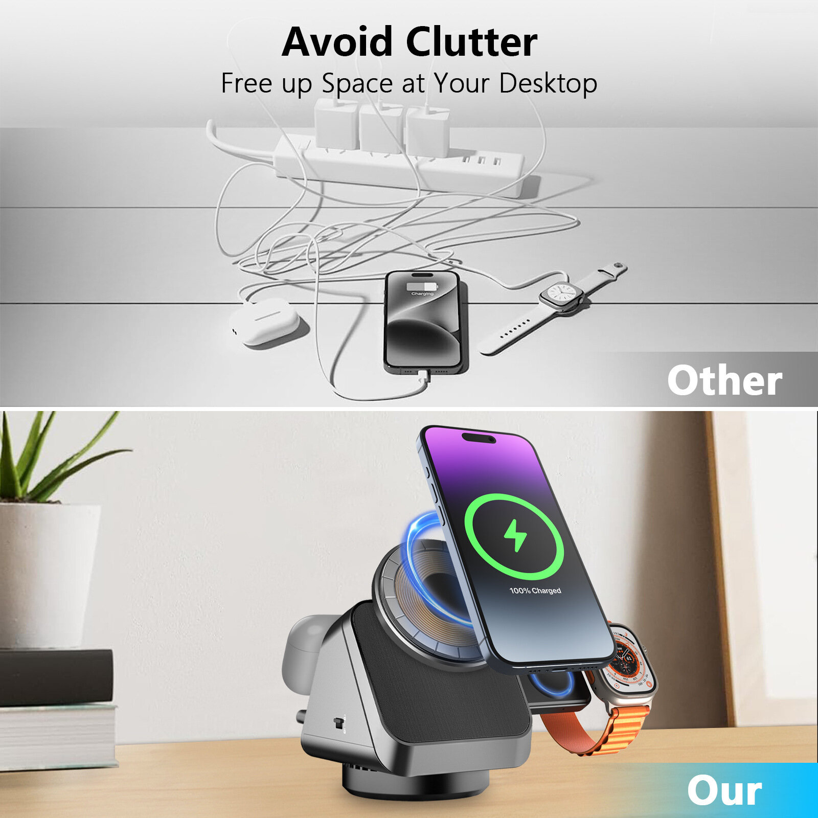 Беспроводное зарядная Док-Станция Dock Station Magsafe N52 для iPhone, Samsung, Xiaomi, AirPods, Apple Watch, с быстрой зарядкой, чёрный — фото 1