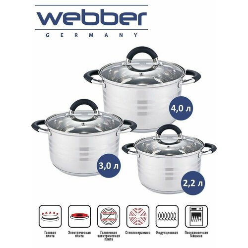 фото Набор кастрюль webber be-623/6 из нержавеющей стали со стеклянными крышками, 6 предметов