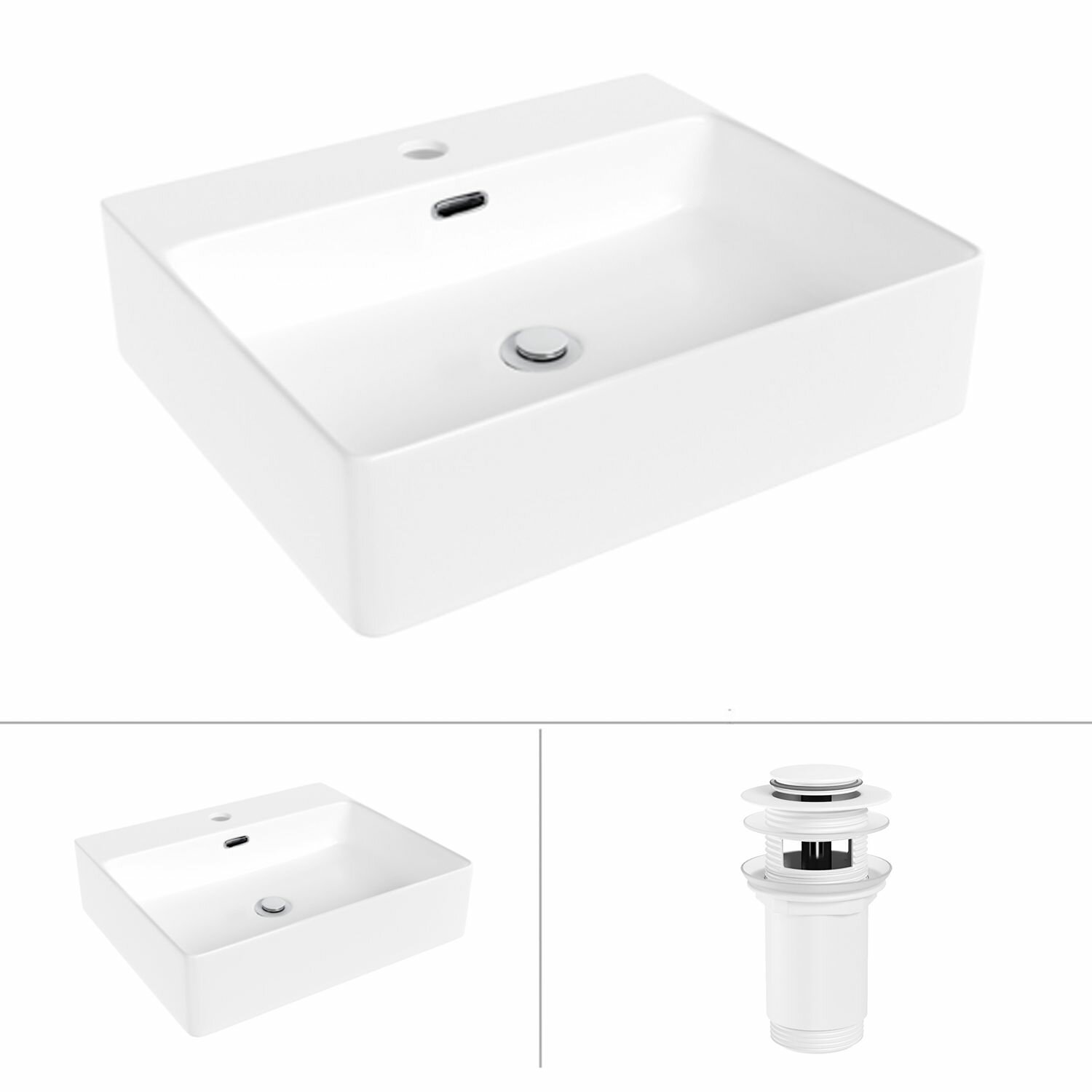 Раковина в ванную Helmken 47850000 комплект 2 в 1: умывальник, комплект креплений, перелив, донный клапан click-clack