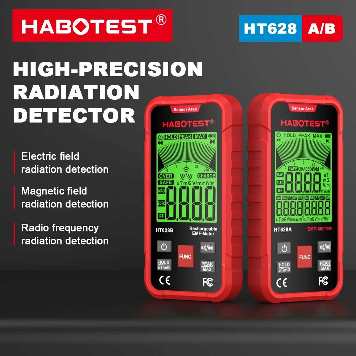 Изображение HABOTEST HT628 Измеритель ЭДС Тестер электромагнитного излучения Электрическое поле Магнитное поле Радиочастотный детектор радиочастотного излучения, HT628A