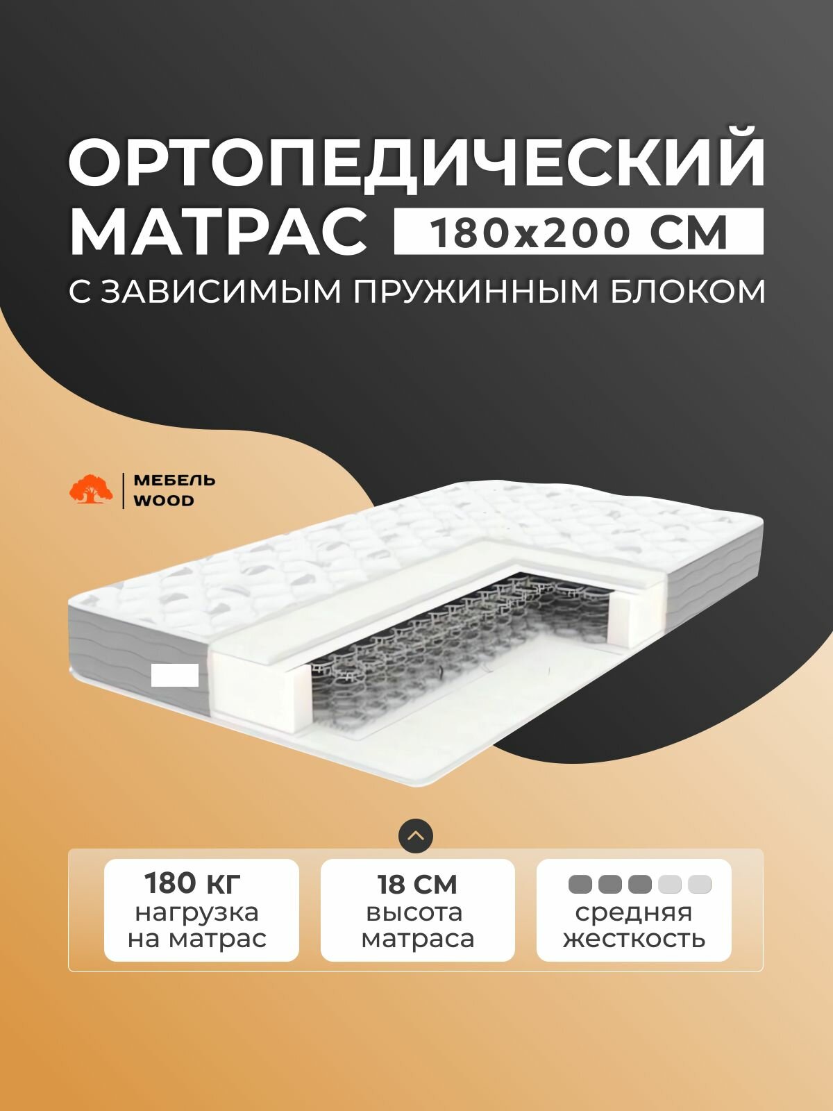 Матрас на зависимом пружинном блоке, средняя жесткость, 18 см высота, 180х200 см