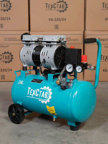 Изображение товара Компрессор безмасляный ТехСтав, 24 л, 220 л/мин, быстросъемный коннектор, "елочка", 2 выхода к пневмолинии, КБ-220/24