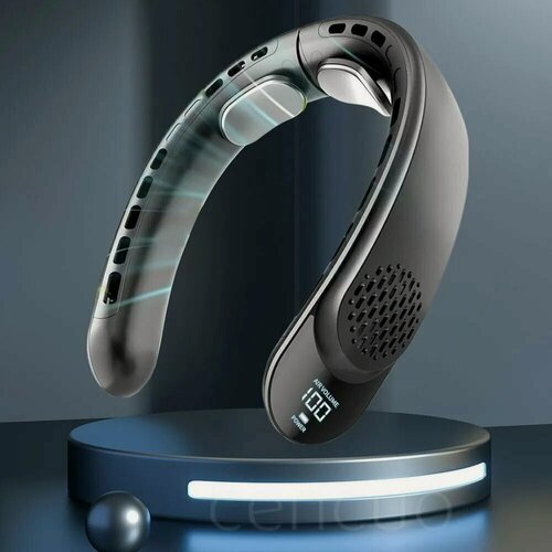 Изображение товара Xiaomi Портативный вентилятор Четырехъядерный USB-подвесной шейный вентилятор, большой ветряной портативный турбинный вентилятор без лопастей, 4000 мАч, черный