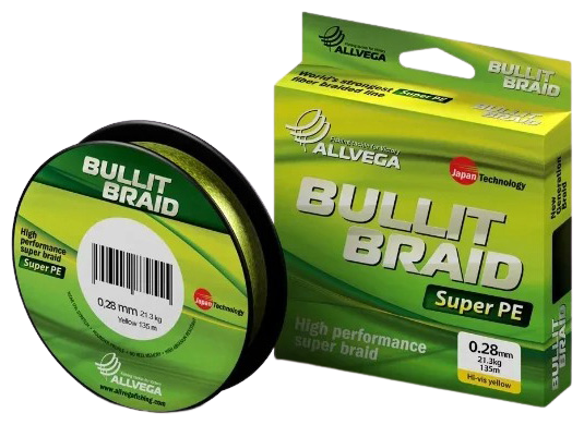 Плетеный шнур Allvega "Bullit Braid" 135м 0,28мм 21, 3кг (ярко-желтая)