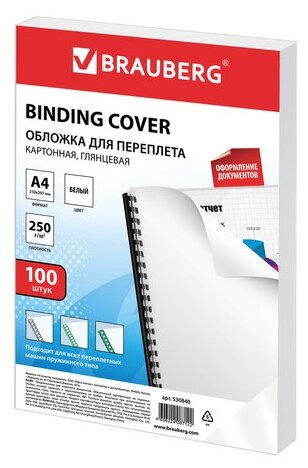 Обложки картонные д/переплета А4, комплект 100шт, глянцевые, 250г/м2, белые, BRAUBERG, 530840