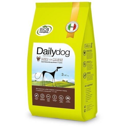 корм для собак DailyDog оленина, с кукурузой 1 уп. х 1 шт. х 3 кг сухой корм для пожилых собак dailydog индейка с рисом 1 уп х 1 шт х 12 кг для средних и крупных пород