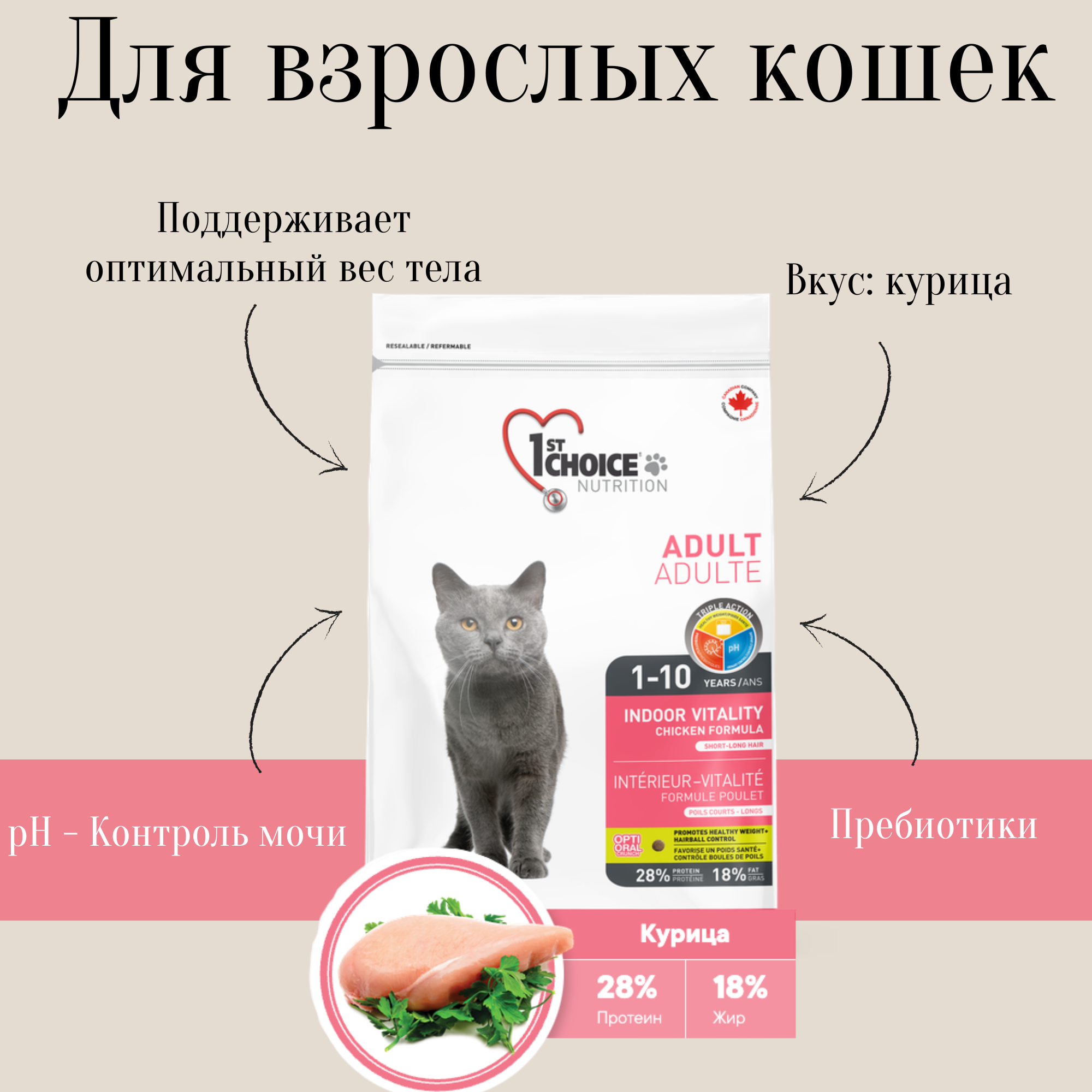Сухой корм 1st Choice Vitality для взрослых кошек, цыпленок, 5.44кг - фото №3