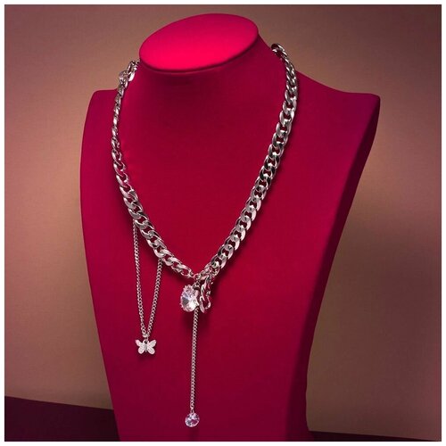 фото Бижу колье-ожерелье, серебрянная цепь с кулоном кристалл, бабочки, 1 шт sweet home