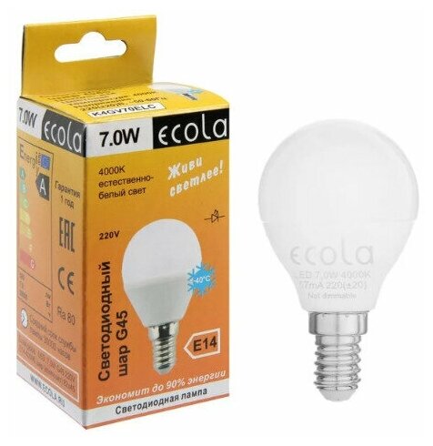 Лампа светодиодная Ecola globe LED 7,0W G45 220V E14 4000K шар (композит) 77x45 K4GV70ELC