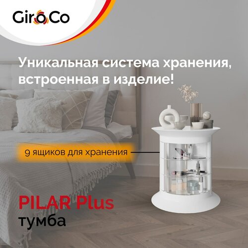 Тумба прикроватная круглая с ящиками пластиковая на колесиках GiroCo Pilar Plus белая/Выкатная тумба, 9 ящиков, 49х49х51 см