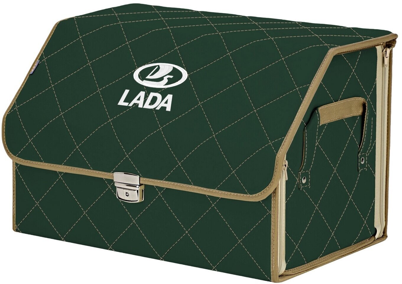 Органайзер-саквояж в багажник "Союз Премиум" (размер L). Цвет: зеленый с бежевой прострочкой Ромб и вышивкой LADA (лада).