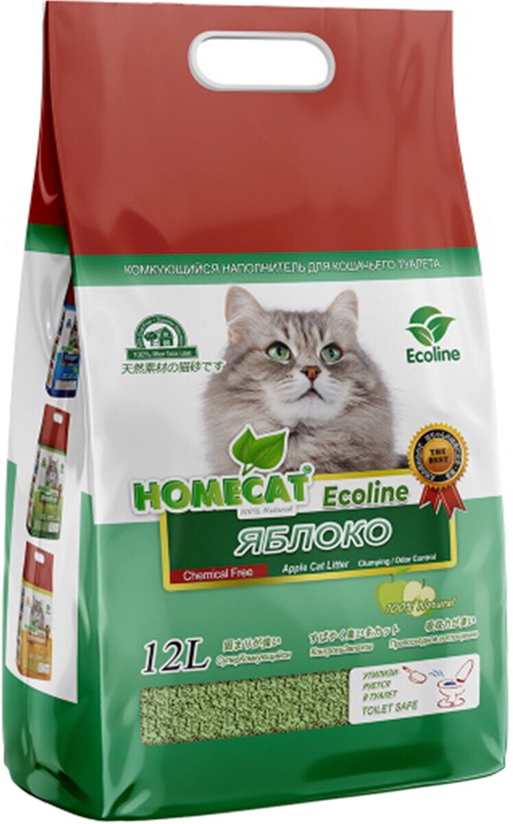 HOMECAT эколайн яблоко наполнитель комкующийся для туалета кошек (12 л)