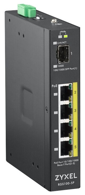 Промышленный PoE+ коммутатор Zyxel RGS100-5P, 4xGE PoE+, 1xSFP, крепление на стену/DIN-рейку, IP30, два источника питания DC, бюджет PoE 120 Вт (RGS100-5P-ZZ0101F) - фото №1