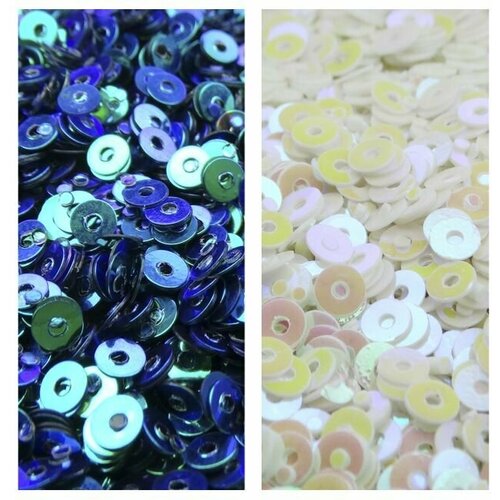 Комплект из двух видов товара: пайетки непрозрачные 3 мм, цвета: белый 10 гр, сине-черный 10 гр. Всего в комплекте 20 гр. товара.