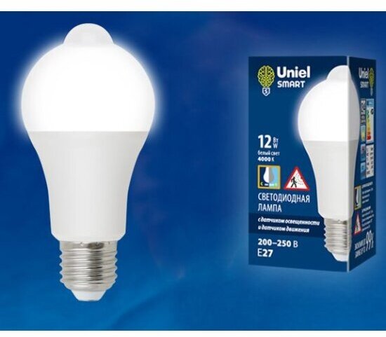 Светодиодная лампа Uniel LED-A60-12W/4000K/E27/PS+MS PLS10WH с датчиком освещенности и датчиком движения. Форма "A", матовая. Белый свет