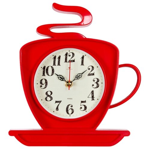 фото Необычные настенные часы в форме чашки рубин классика 2523-005r для кухни кафе дачи с плавным ходом, арабскими цифрами пластиковый корпус красного цвета работа от пальчиковой батарейки аа, высота 25 см