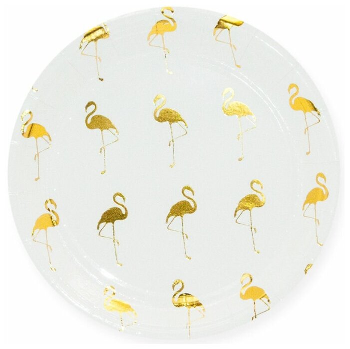 Тарелки одноразовые бумажные Riota Золотой фламинго, металлик, белый, 23 см, 6 шт. - фотография № 2