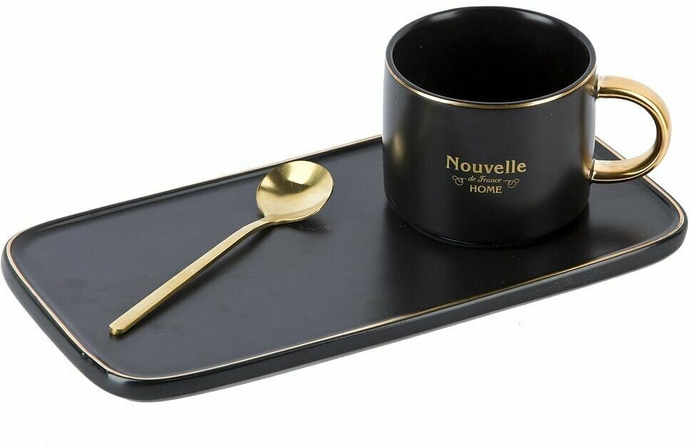 Чашка с блюдцем и ложкой Nouvelle "Coffee set" 200мл, черная, фарфор