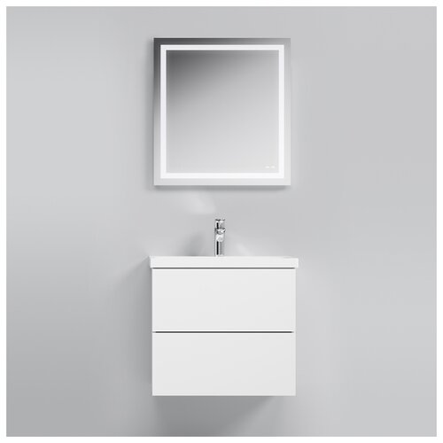 фото Комплект мебели для ванной am.pm gem m90fhx6022wg/wc60/mox0651 тумба 60см белая подвесная 2 ящика с раковиной и зеркало 65см с подсветкой