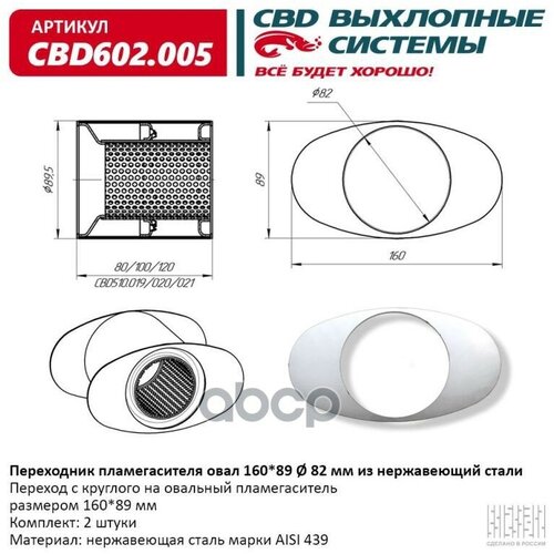 CBD CBD602005 Переходник пламегасителя овал 160*89 d82 мм из Нержавеющий стали. CBD602.005
