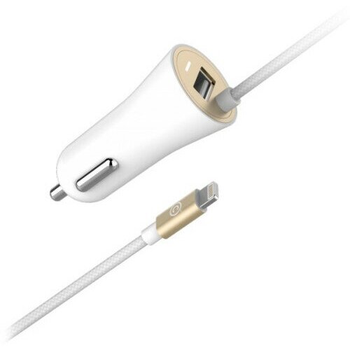 Автомобильное зарядное устройство (автозарядка) LAB.C 591 со встроенным кабелем Lightning белое с золотым