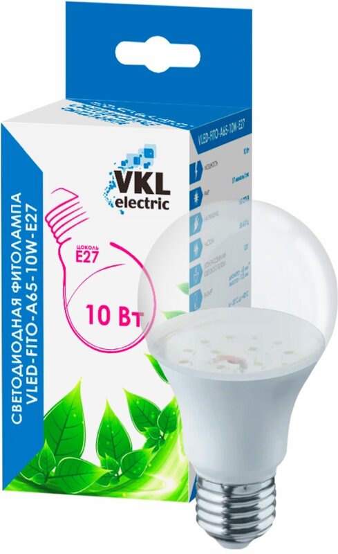 Лампа светодиодная комнатная для растений и рассады VLED-FITO-A65-10W-E27 220V пластик VKL electric