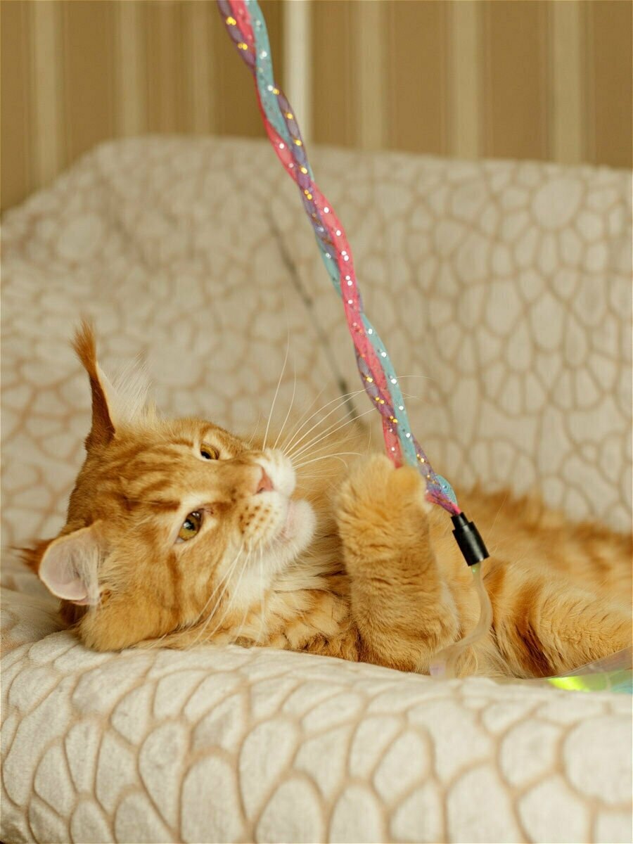 Игрушка для кошек Japan Premium Pet эластичная дразнилка с перьями, жемчужными блестящими ленточками и колокольчиками внутри. Розово-голубой цвет - фотография № 3