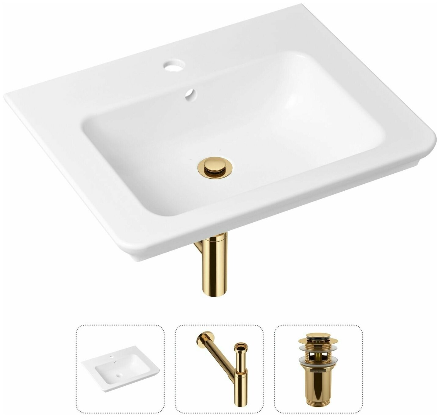 Комплект 3 в 1 Lavinia Boho Bathroom Sink 21520417: врезная фарфоровая раковина 60 см, металлический сифон, донный клапан