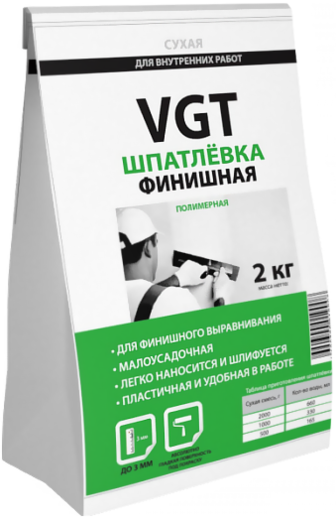 Шпатлевка VGT полимерная сухая финишная для внутренних работ, белый, 2 кг - фотография № 2