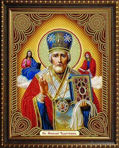 Алмазная мозаика Painting Diamond на подрамнике размер 27х33 круглые стразы LP 107 Икона Николая Чудотворца