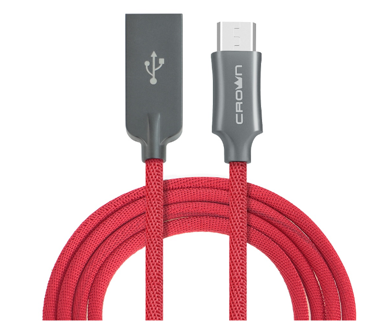 Кабель micro USB Crown CMCU-3072M, провод micro USB, нейлон, красный, 1 м, 5В/2А, USB 2.0, до 480 Мбит/сек.