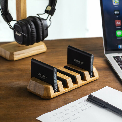 Держатель для 5 внешних накопителей SSD/HDD, подставка из дуба, аксессуар на рабочем столе, док станция. Слоты 16 мм.