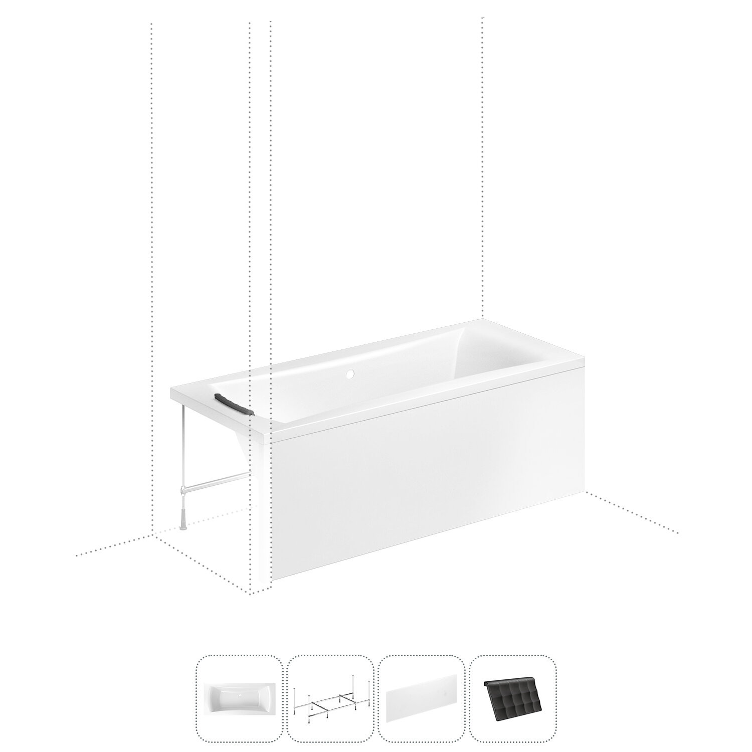 Акриловая ванна 170x75 с каркасом и экраном Lavinia Boho Evan S2-3711017P в наборе 4 в 1: прямоугольная ванна 170 x 75 см, каркас, экран, подголовник