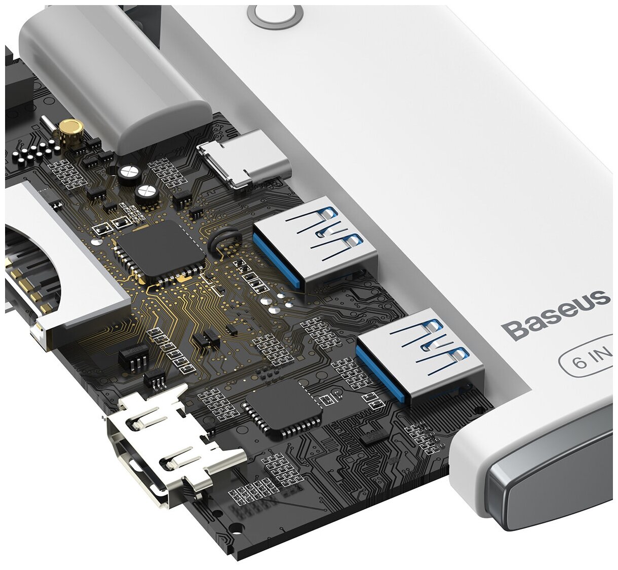 Хаб Baseus Lite Series 6-Port HUB Docking Station (Type-C to HDMI+USB30*2+Type-C Data+SD/TF) White (WKQX050002)