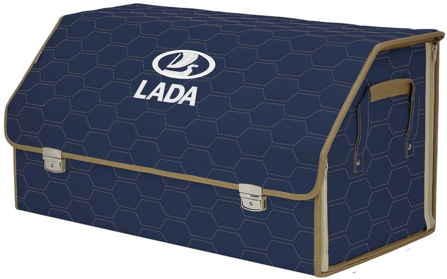 Органайзер-саквояж в багажник "Союз Премиум" (размер XL Plus). Цвет: синий с бежевой прострочкой Соты и вышивкой LADA (лада).