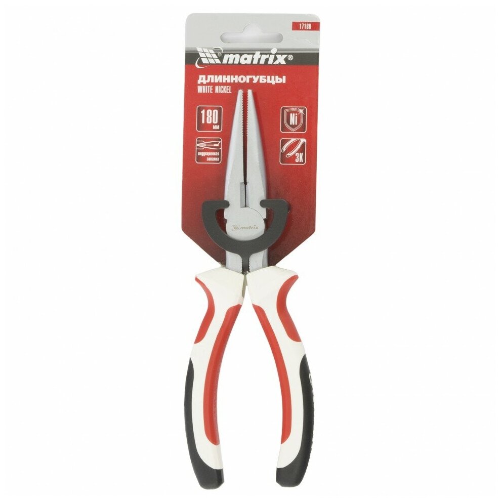 Длинногубцы прямые WHite Nickel, 180 мм, никелированные, трехкомпонентные рукоятки MATRIX 17189