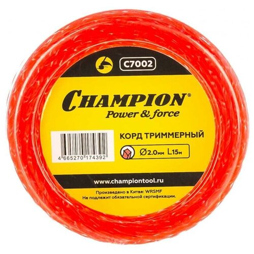 Корд триммерный (леска) CHAMPION Twisted Square 2.0мм* 15м (витой квадрат) C7002 champion корд трим twisted square 2 4мм 40м витой квадрат c7006 корды