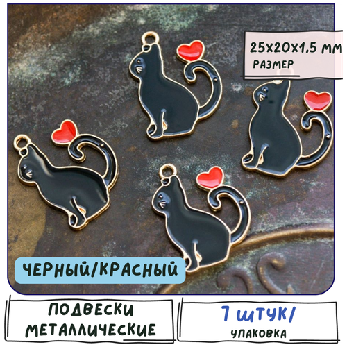 фото Кулон подвеска-котик металлическая 7 шт. для рукоделия / браслета / сережек, эмаль, цвет черный/красный, 25x20x1.5 мм кафебижу