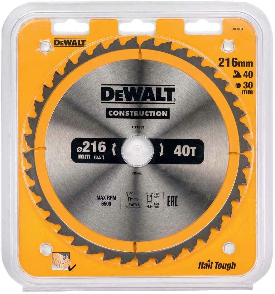 Диск пильный по дереву DeWalt CONSTRUCTION DT1953 216х30мм 40T